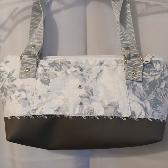 New Roses Floral Handbag Gray pale teal white Faux leather contrast Country chic - Picture 6 of 9
